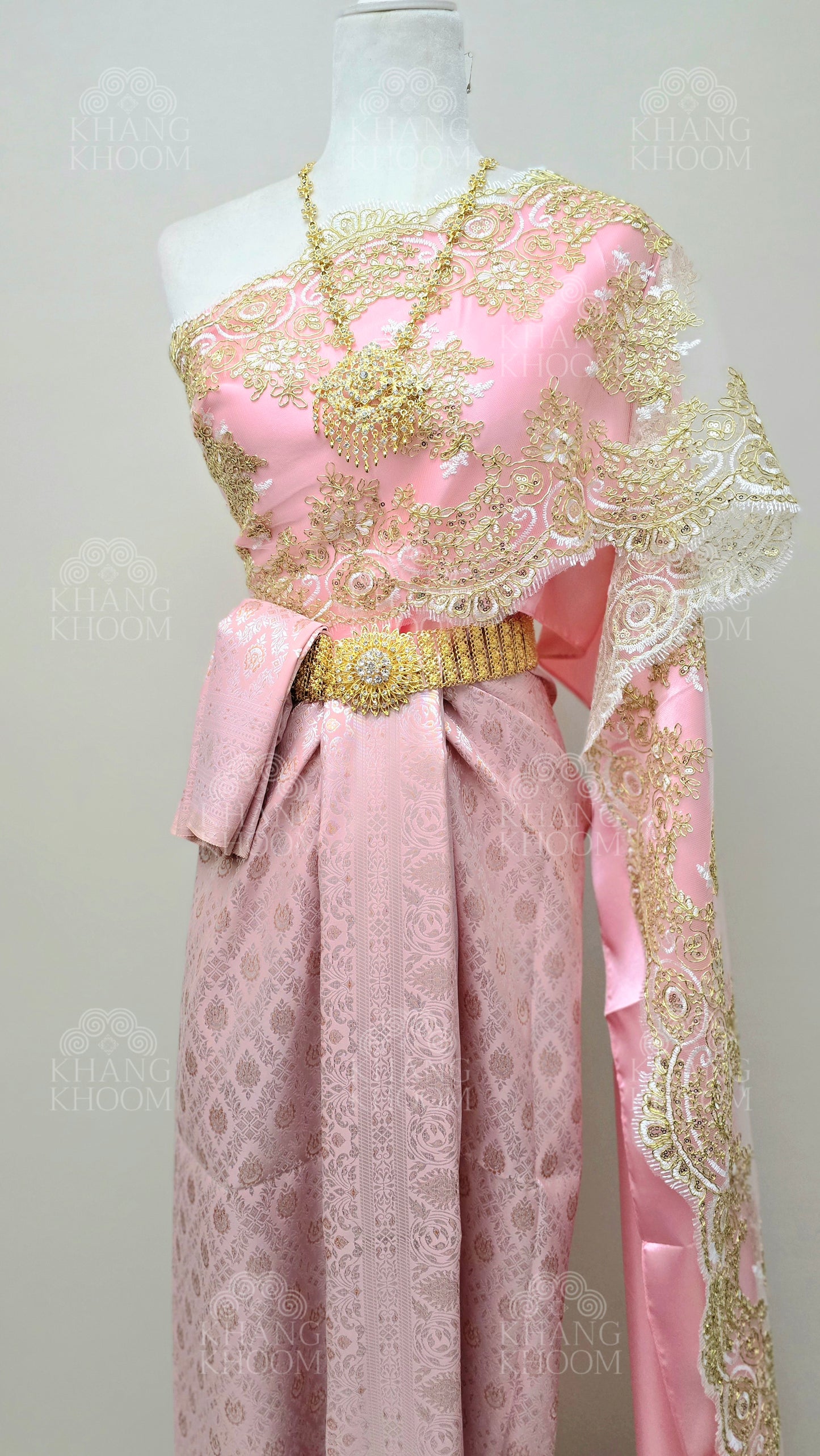 Pink Thai Traditional Wrap Skirt & Layered Sabai Set