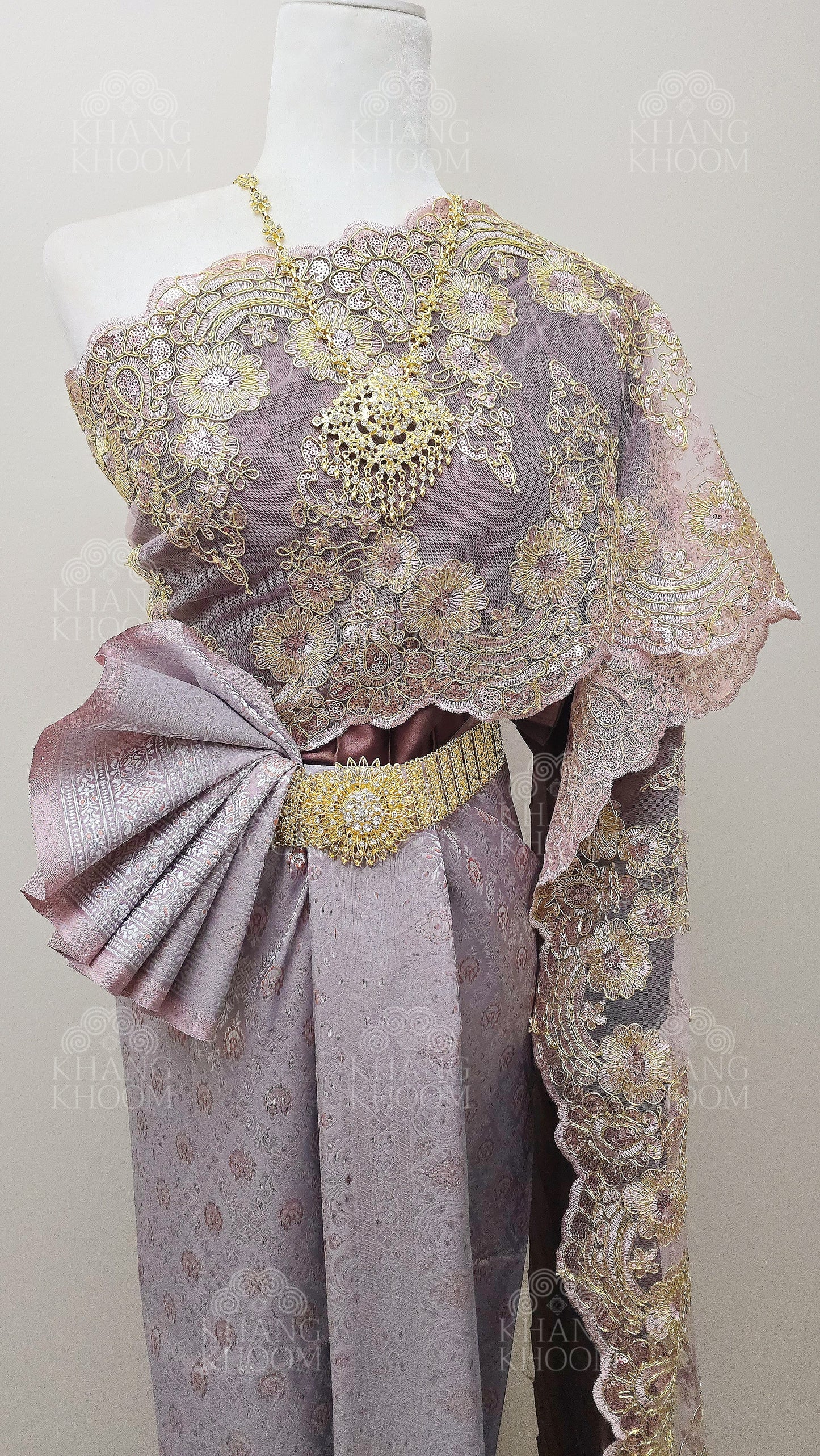 Brown Muave Thai Traditional Wrap Skirt & Layered Sabai Set