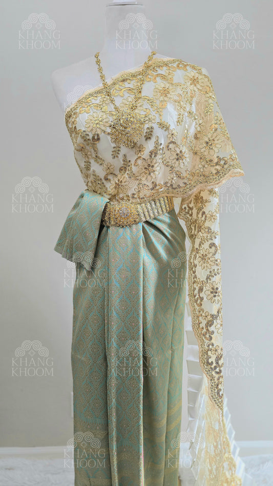 Mint & Cream Thai Traditional Wrap Skirt & Layered Sabai Set