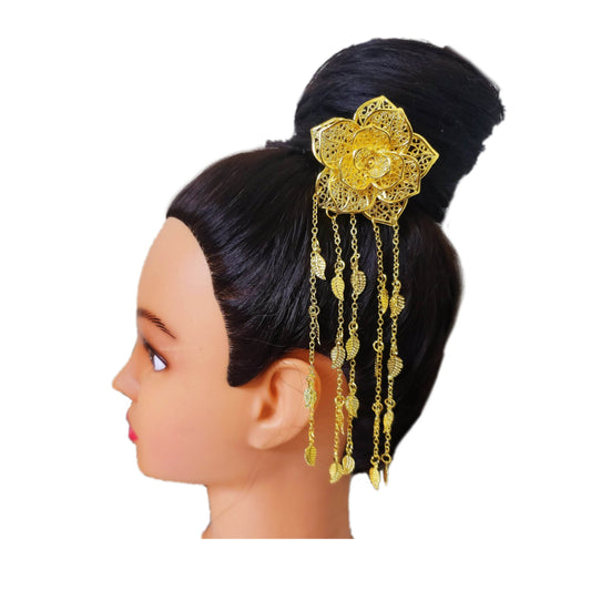 Gold Floral Hair Stick Pin with Decorative Chains