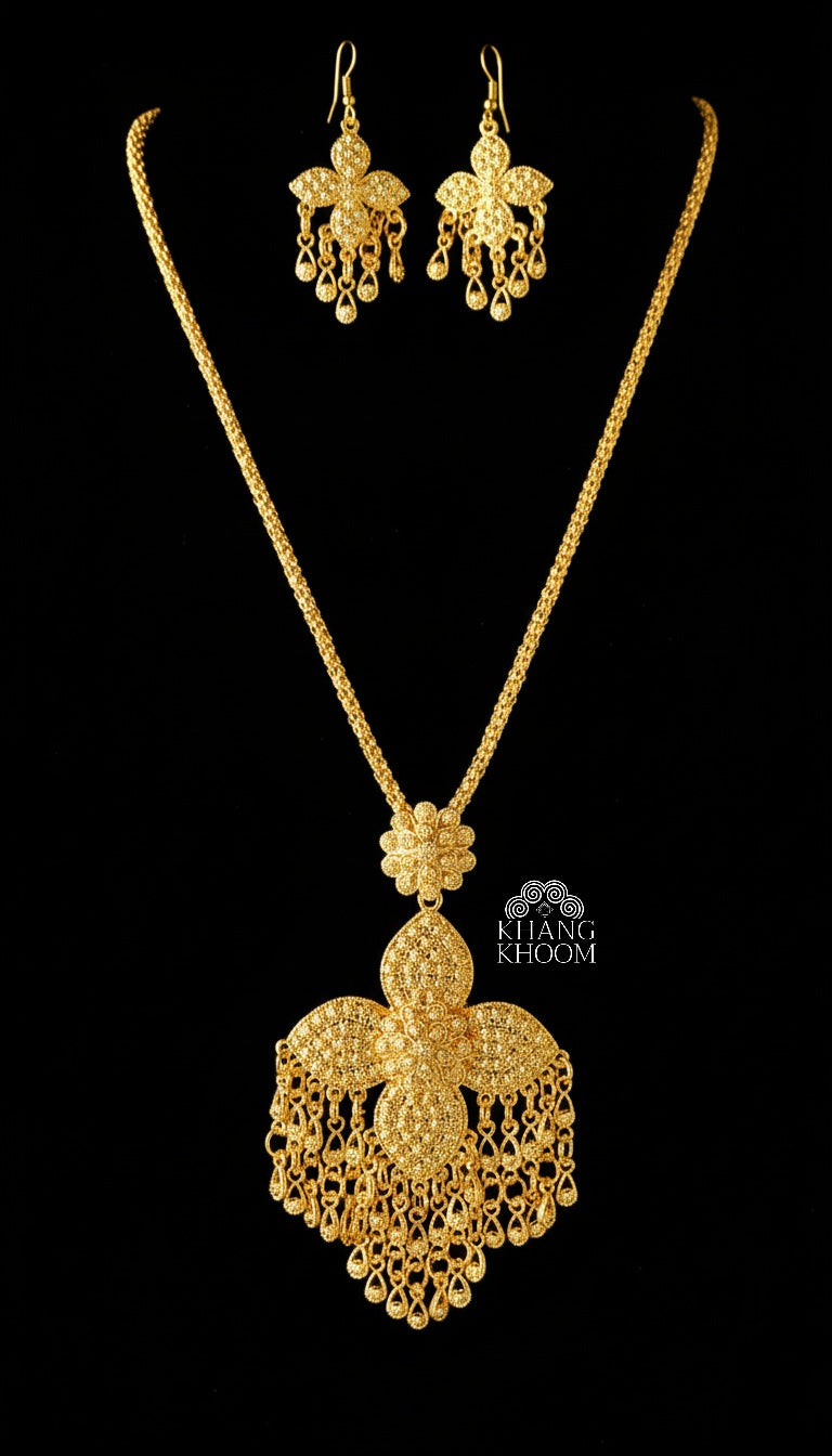 Lao Gold Floral Tassel Necklace Set
