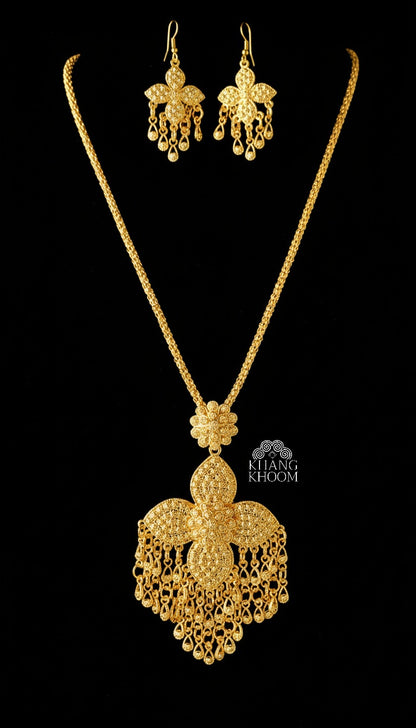 Lao Gold Floral Tassel Necklace Set
