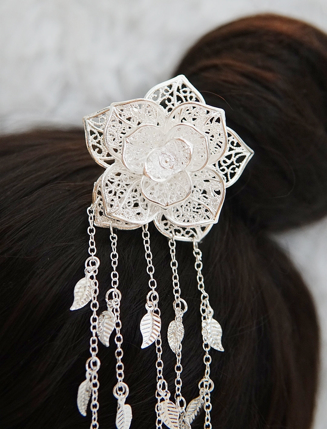 Silver Floral Hair Stick Pin with Decorative Chains