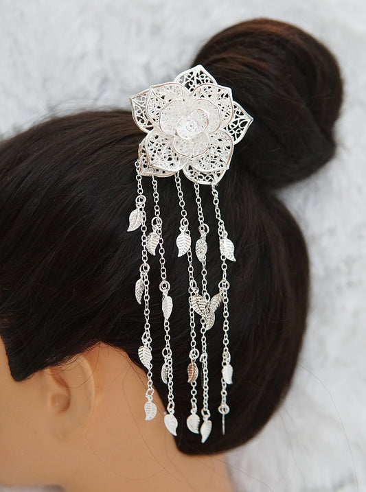 Silver Floral Hair Stick Pin with Decorative Chains