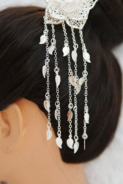 Silver Floral Hair Stick Pin with Decorative Chains