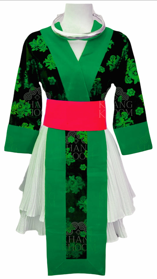 hmong green dress Handmade Hmong Embroidered Midi Dress: Ethnic Green & Black Boho Outfit