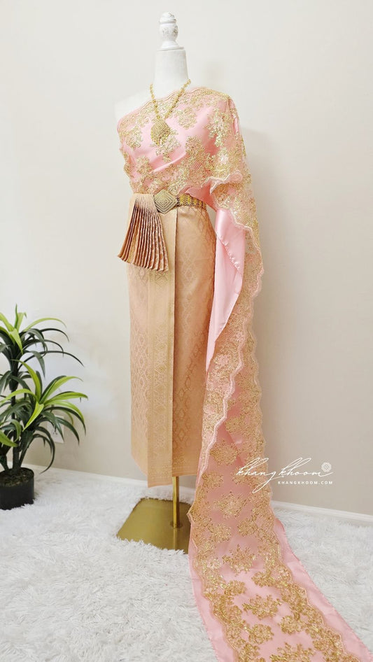 Pink & Gold Thai Women Skirt Set