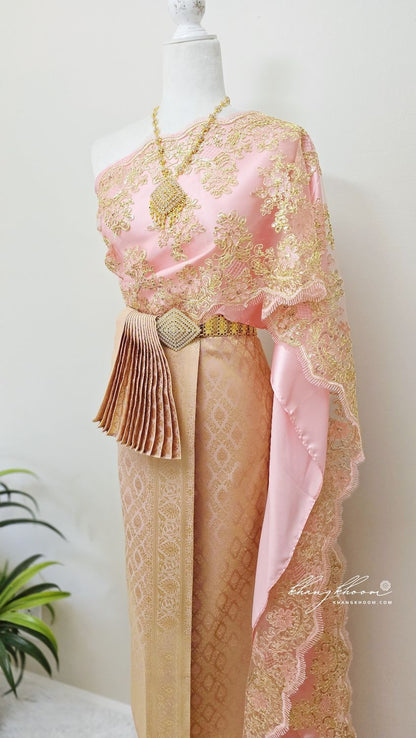 Pink & Gold Thai Women Skirt Set