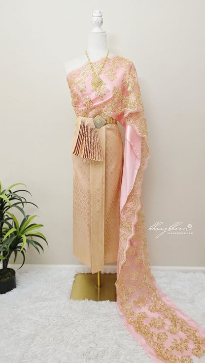 Pink & Gold Thai Women Skirt Set