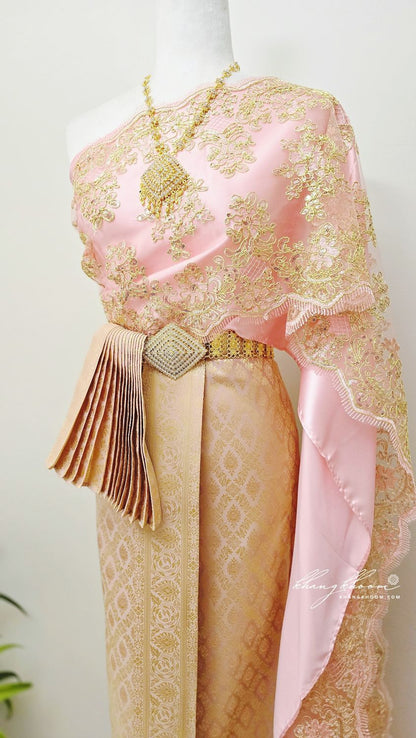 Pink & Gold Thai Women Skirt Set