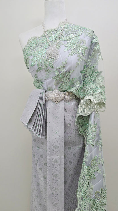 Green and Silver Thai Women Skirt Set