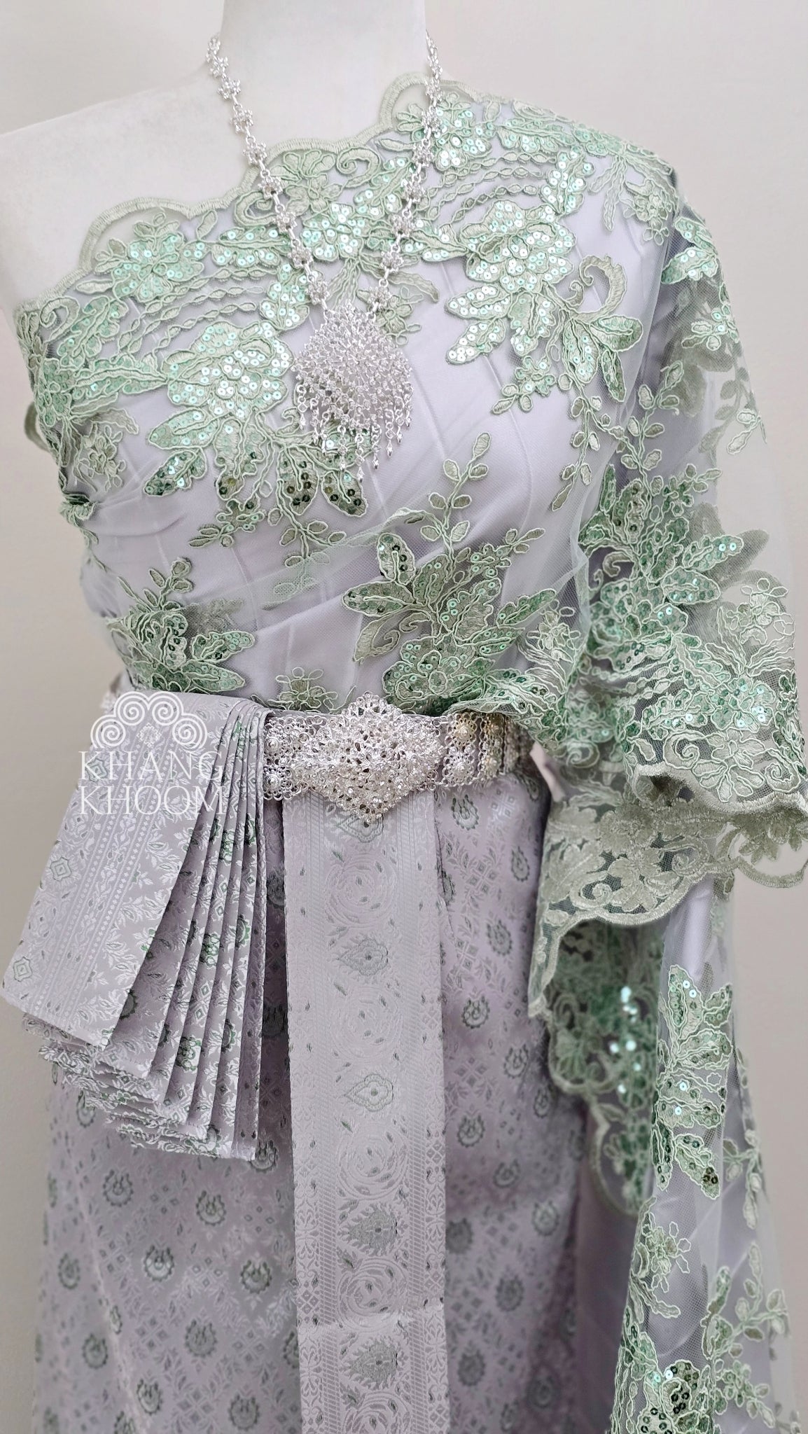 Green and Silver Thai Women Skirt Set