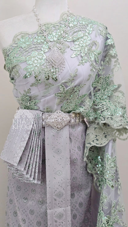 Green and Silver Thai Women Skirt Set