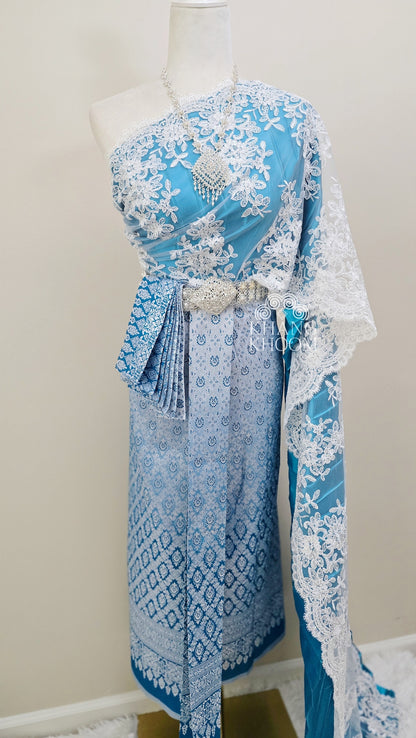 Blue and White Thai Women Skirt Set