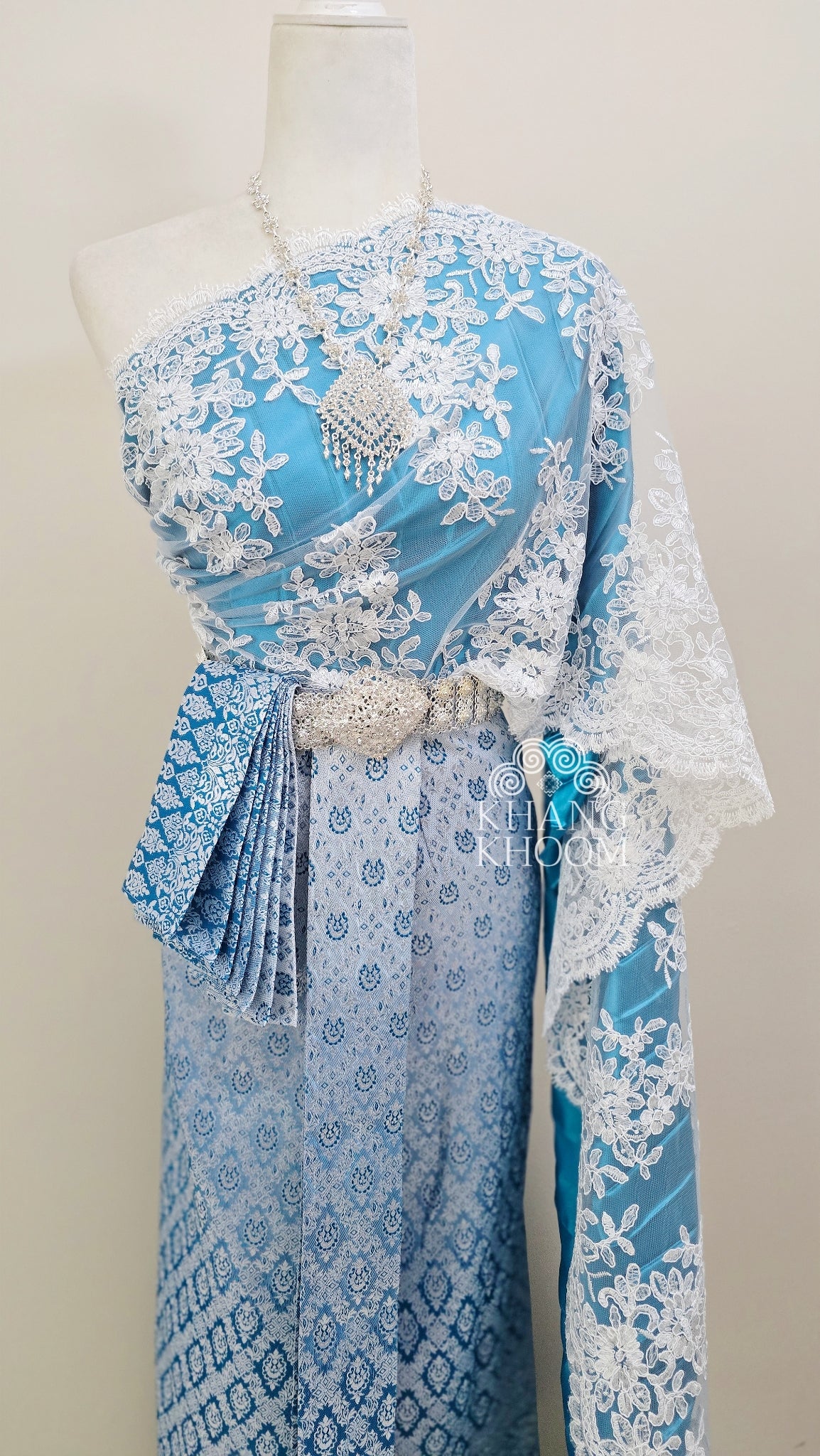 Blue and White Thai Women Skirt Set