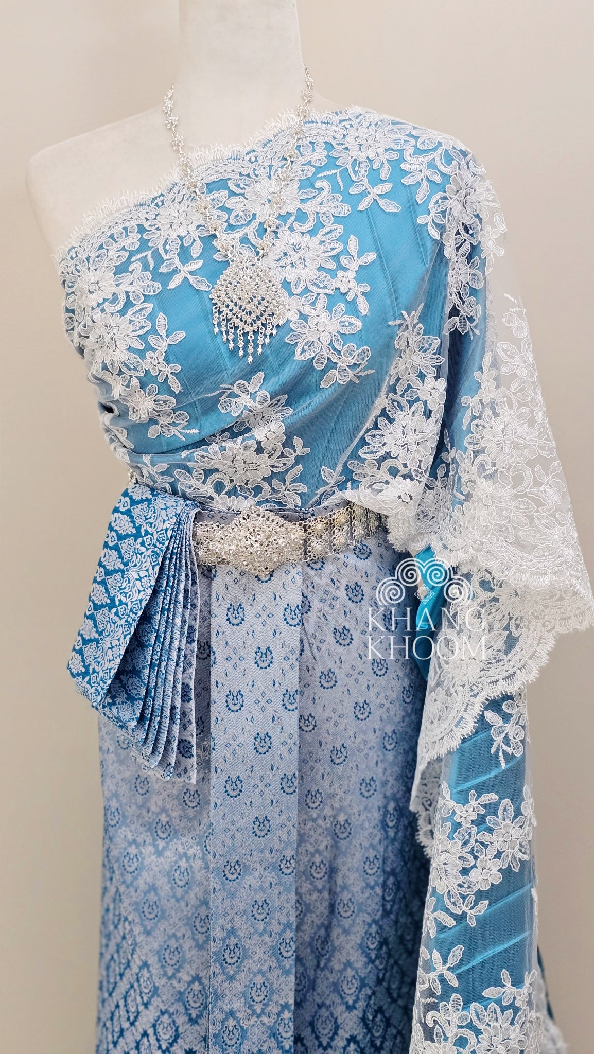 Blue and White Thai Women Skirt Set