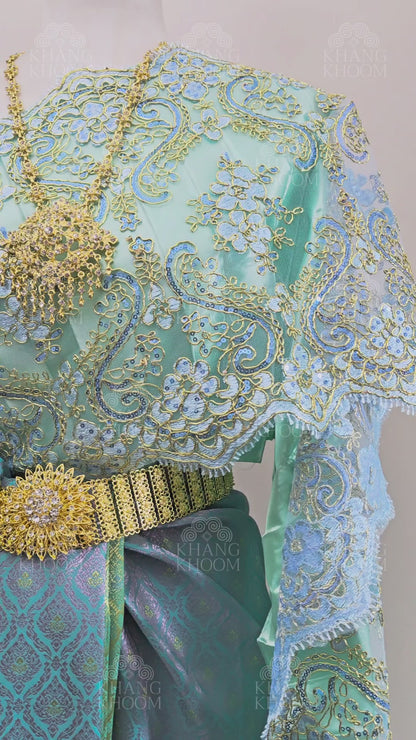 Aqua Turquoise Thai Traditional Wrap Skirt & Layered Sabai Set