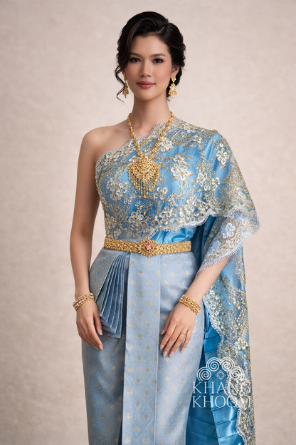 Light Blue and Gold Thai Women Skirt Set