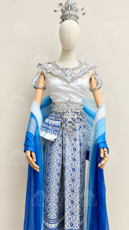 Blue and white Thai Nakee Wrap Clothing Set