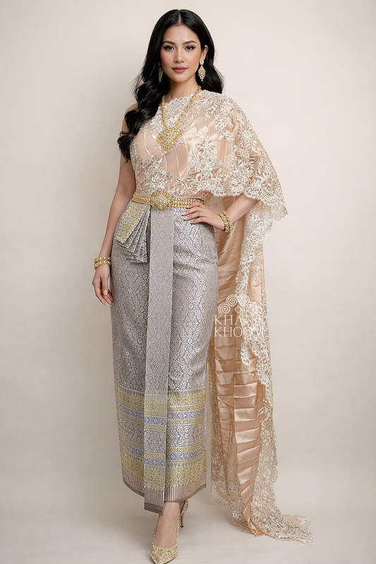 Cream and Tan Thai Women Skirt Set