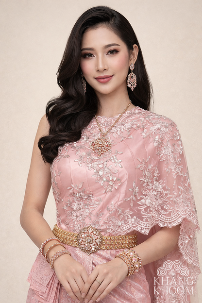 Pink and Silver Thai Women Skirt Set