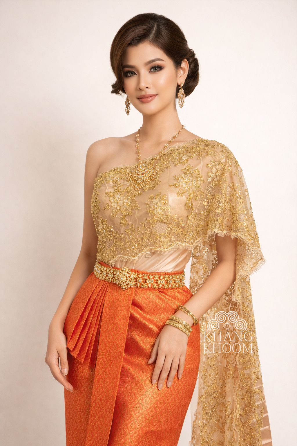 Orange and Gold Thai Women Skirt Set