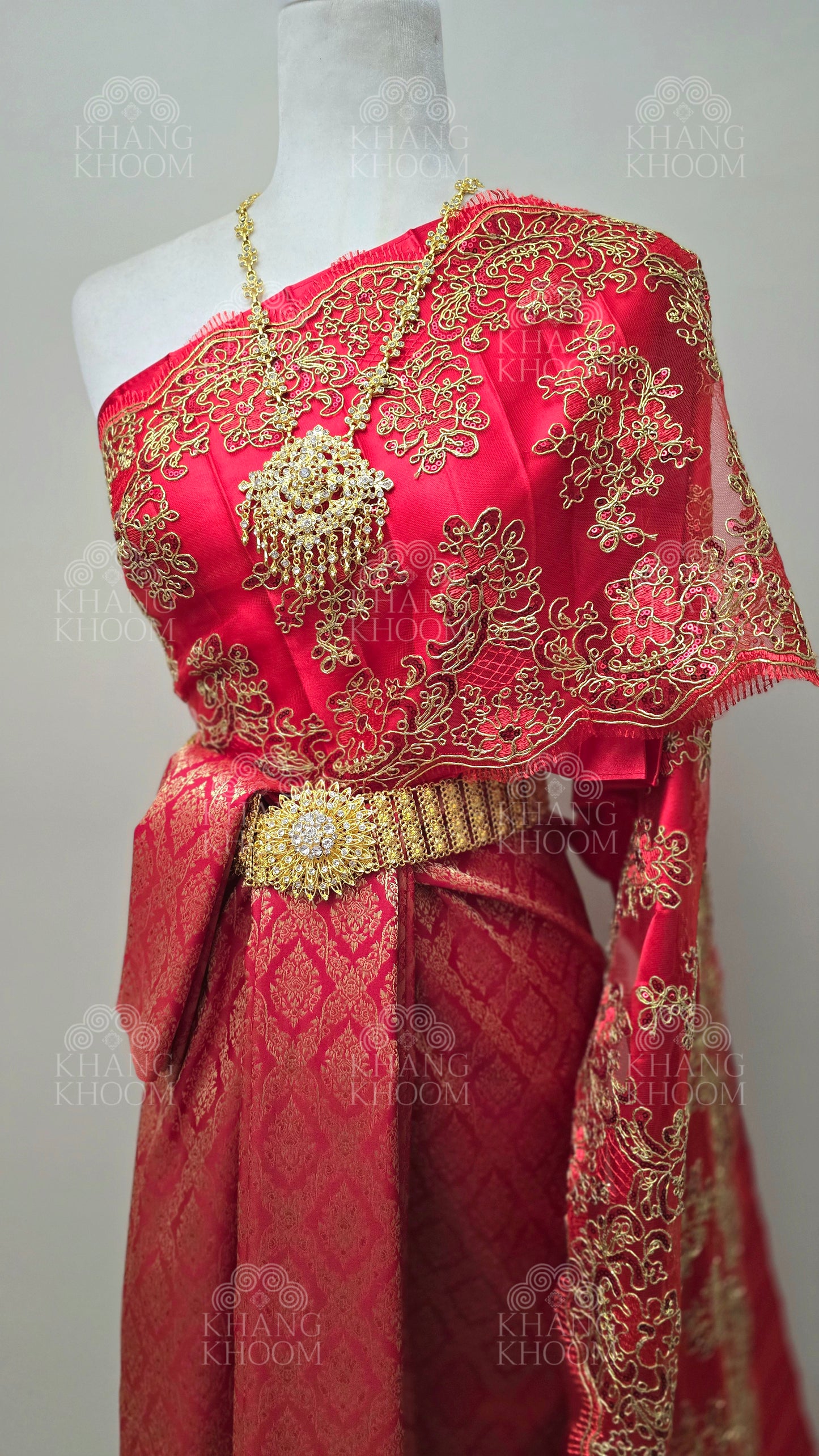 Red Thai Traditional Wrap Skirt & Layered Sabai Set