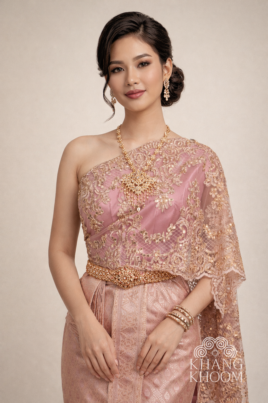 Muave Pink and Gold Thai Women Skirt Set