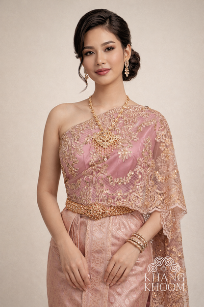 Muave Pink and Gold Thai Women Skirt Set