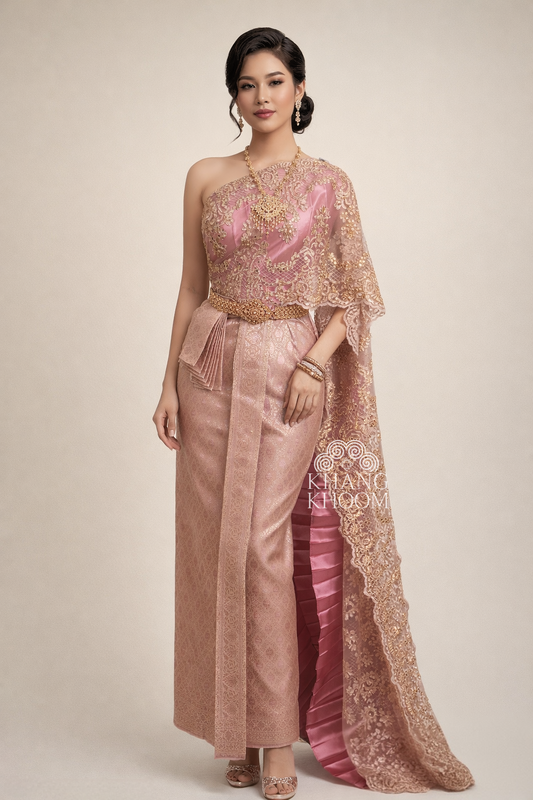 Muave Pink and Gold Thai Women Skirt Set