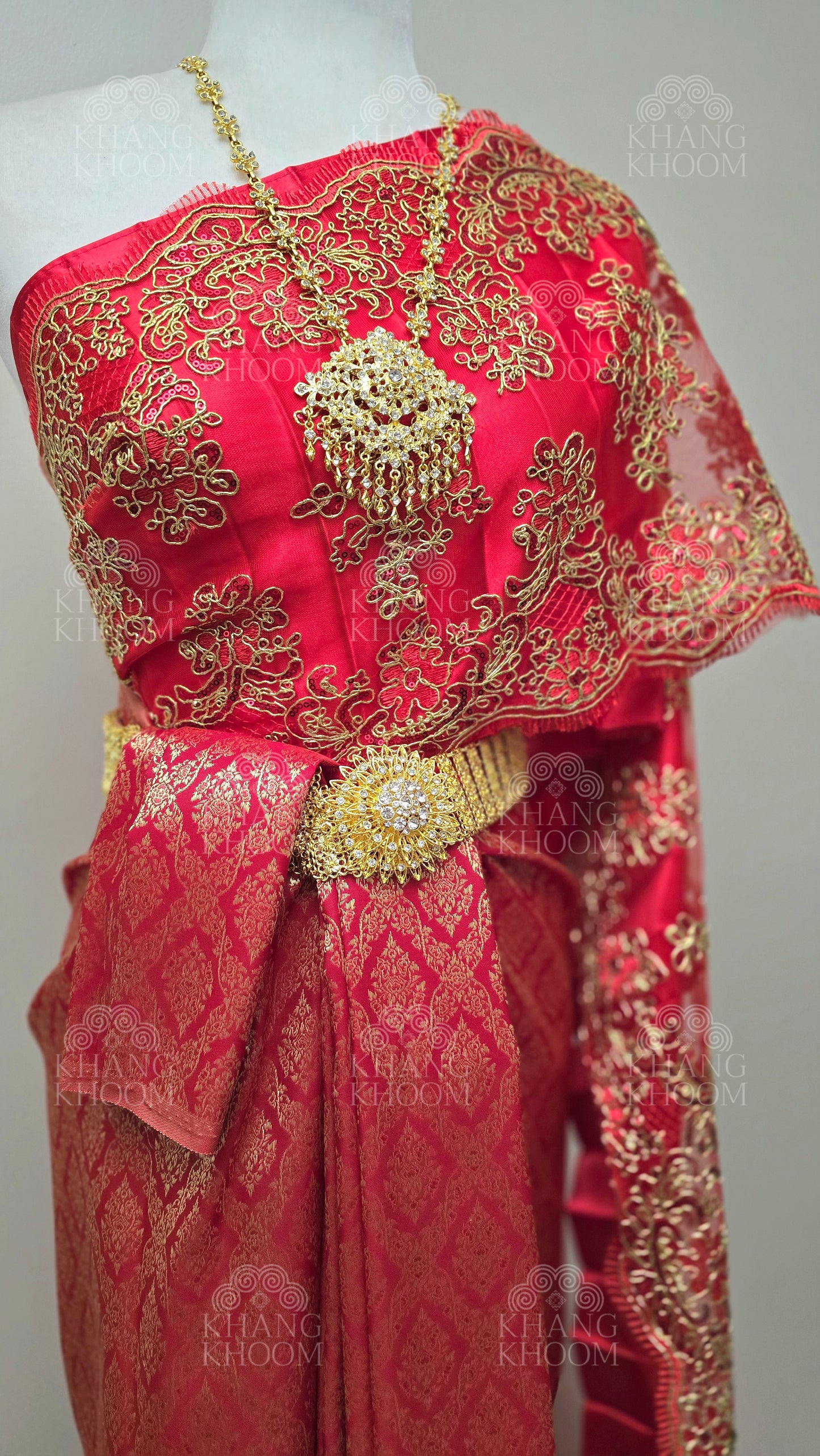 Red Thai Traditional Wrap Skirt & Layered Sabai Set