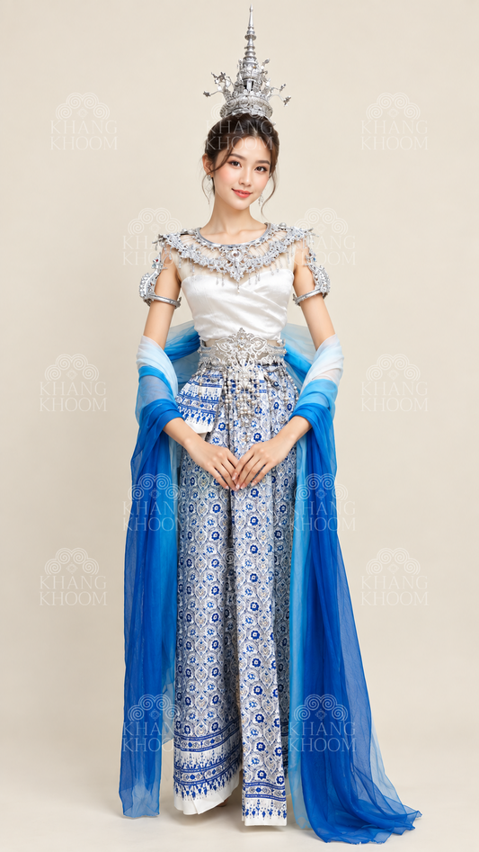 Blue and white Thai Nakee Wrap Clothing Set