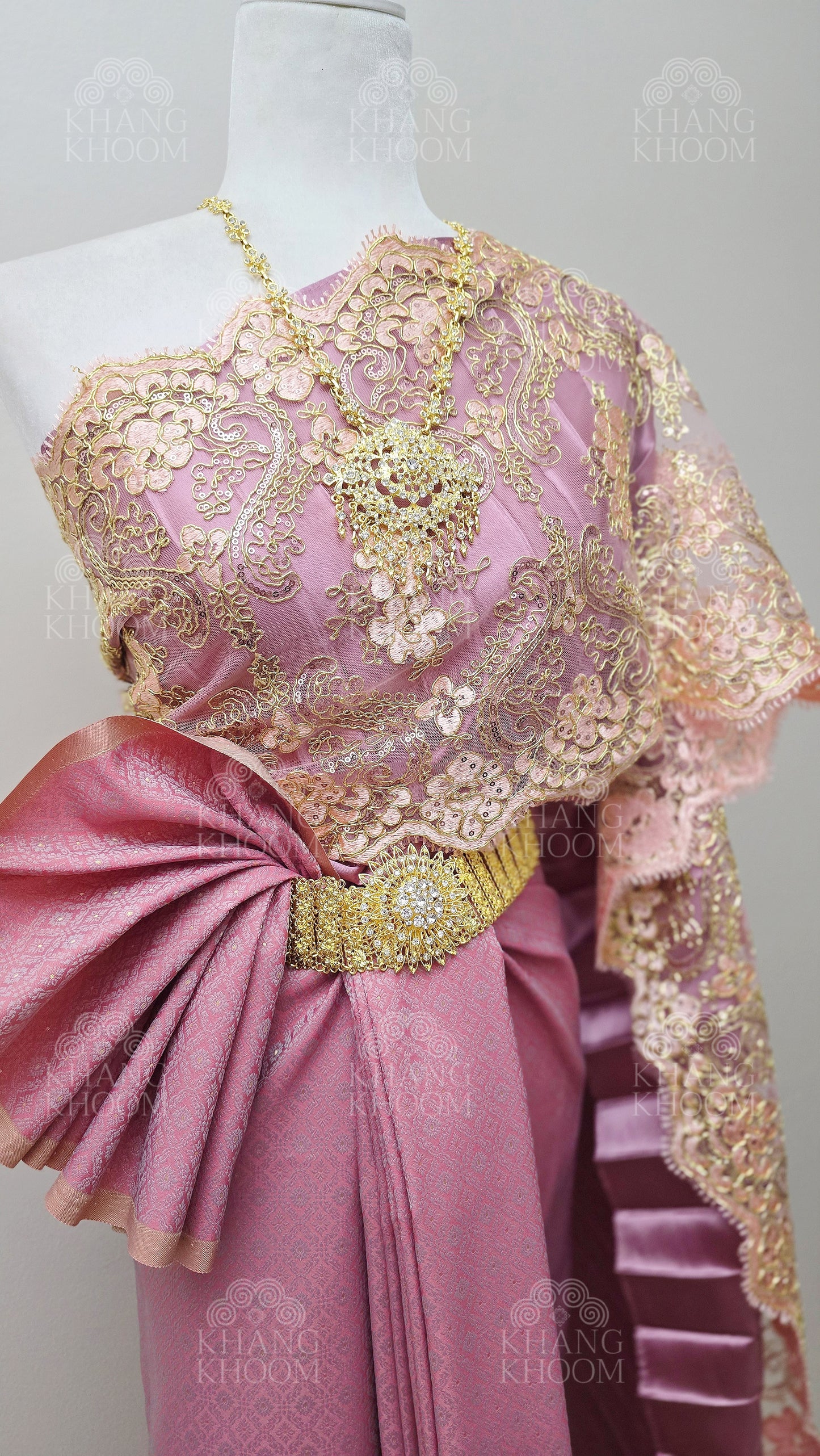Pink Mauve Thai Traditional Wrap Skirt & Layered Sabai Set