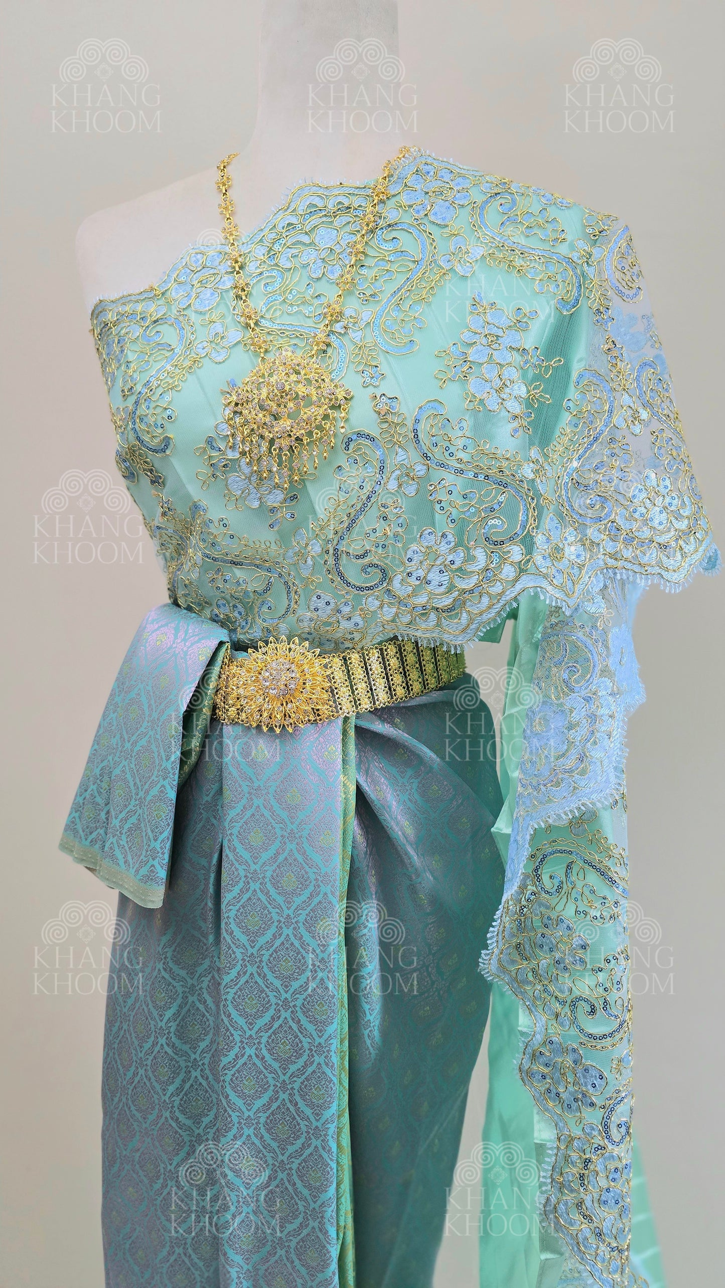 Aqua Turquoise Thai Traditional Wrap Skirt & Layered Sabai Set