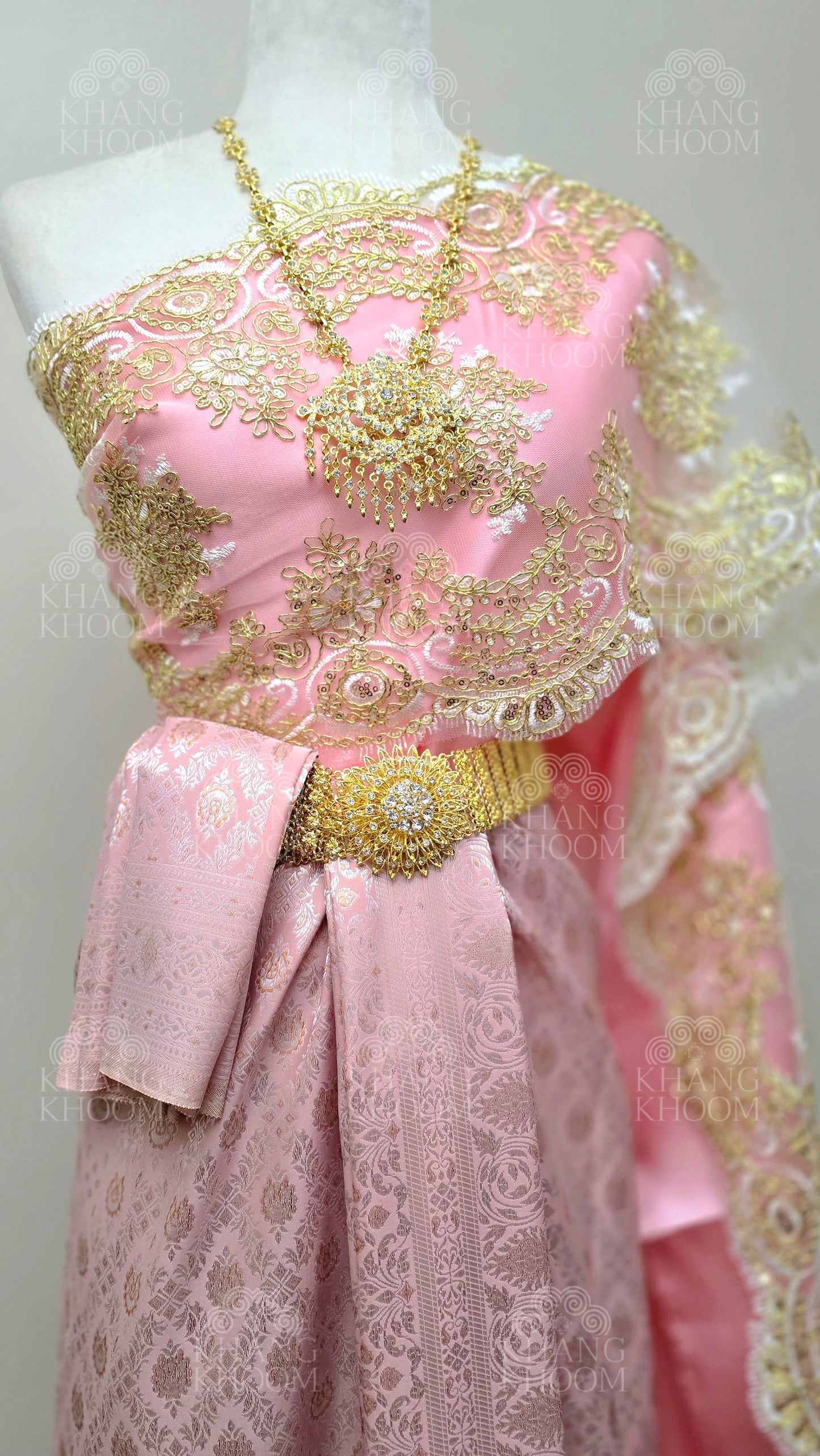 Pink Thai Traditional Wrap Skirt & Layered Sabai Set