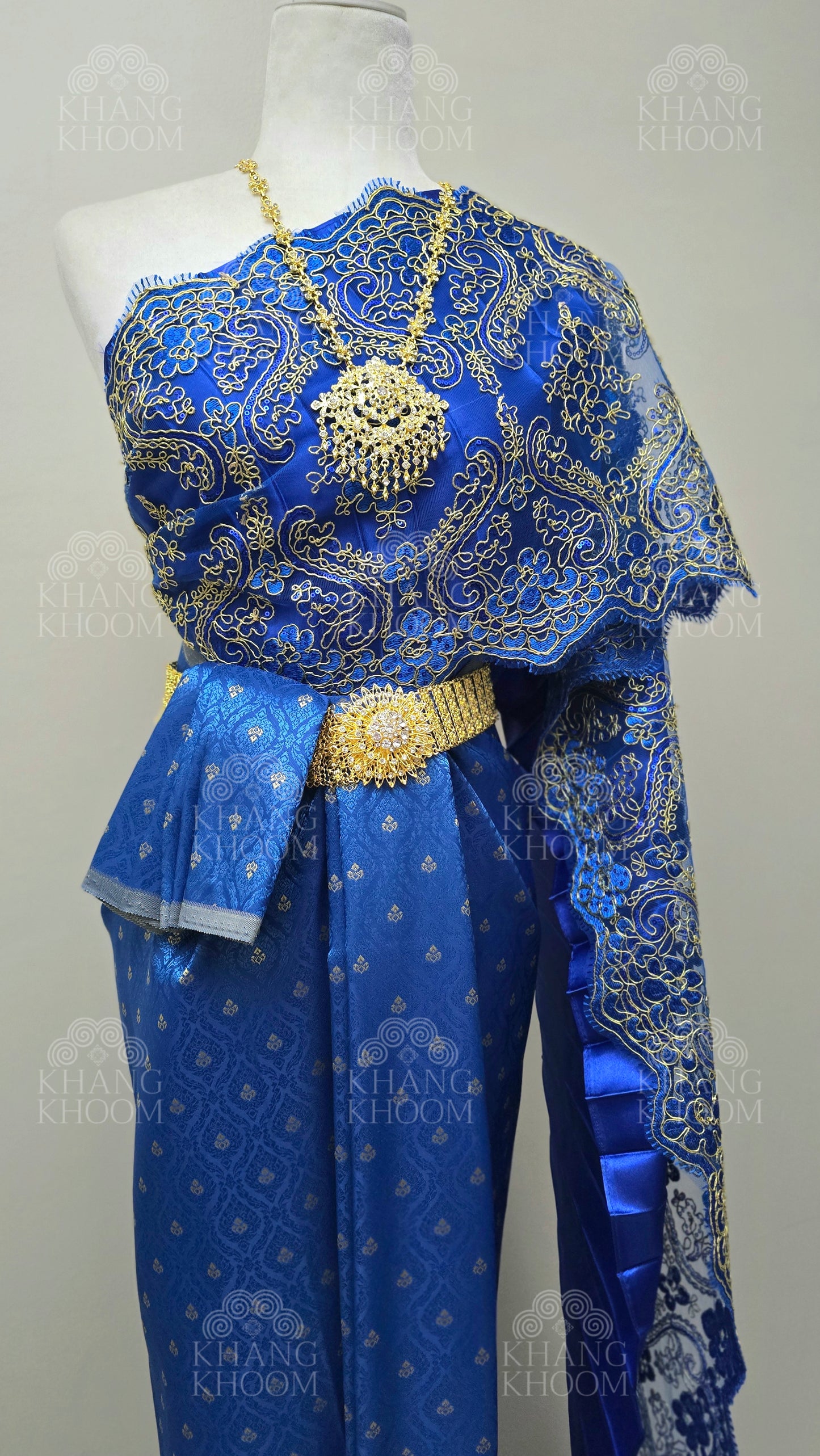 Blue Thai Traditional Wrap Skirt & Layered Sabai Set