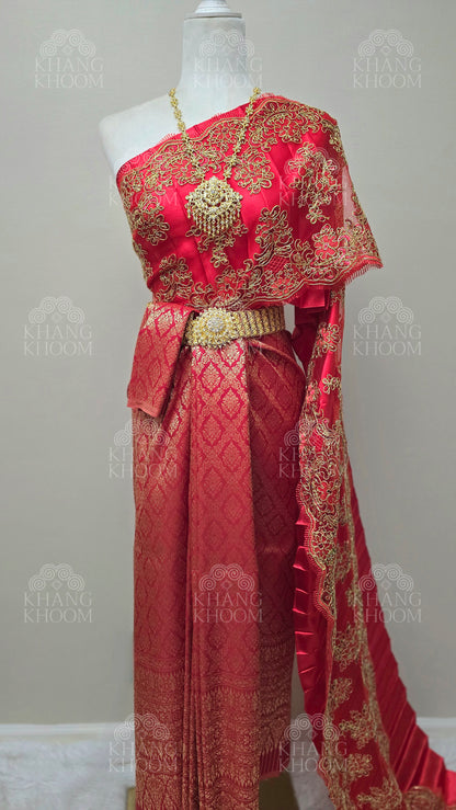 Red Thai Traditional Wrap Skirt & Layered Sabai Set