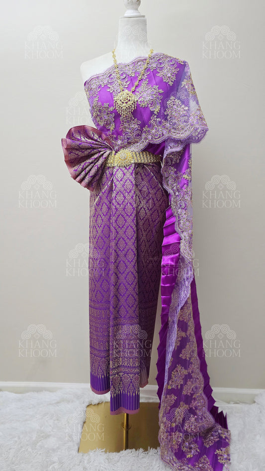 Violet Thai Traditional Wrap Skirt & Layered Sabai Set