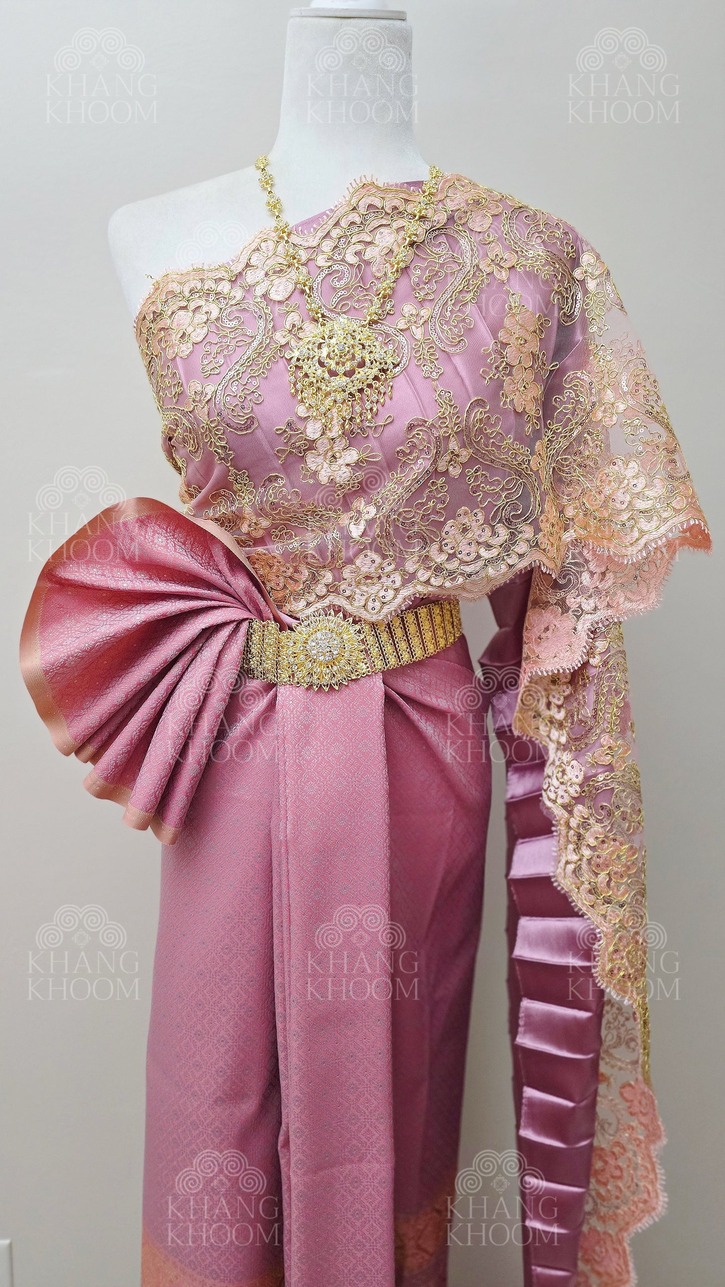 Pink Mauve Thai Traditional Wrap Skirt & Layered Sabai Set