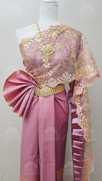Pink Mauve Thai Traditional Wrap Skirt & Layered Sabai Set