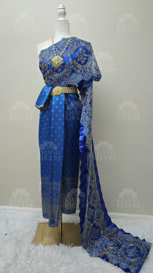 Blue Thai Traditional Wrap Skirt & Layered Sabai Set