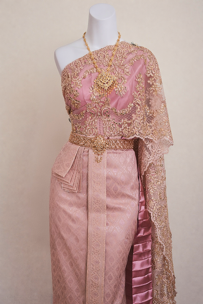 Muave Pink and Gold Thai Women Skirt Set