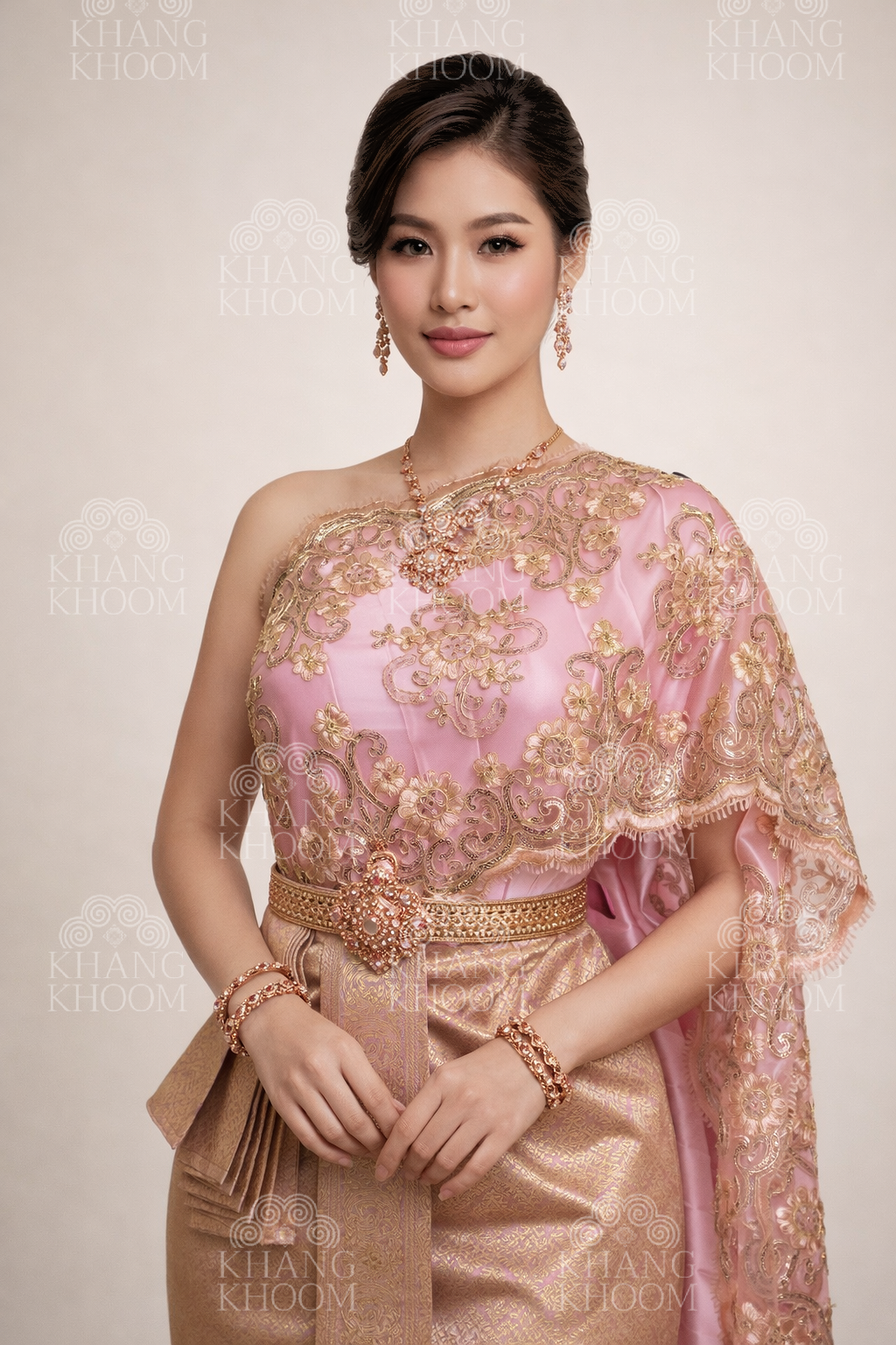 Pink and Gold Thai Women Skirt Set
