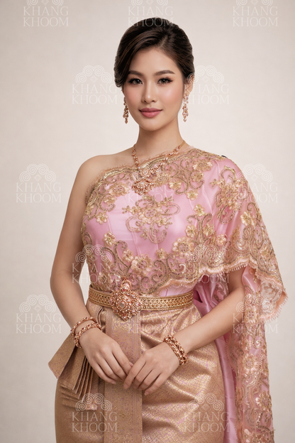 Pink and Gold Thai Women Skirt Set