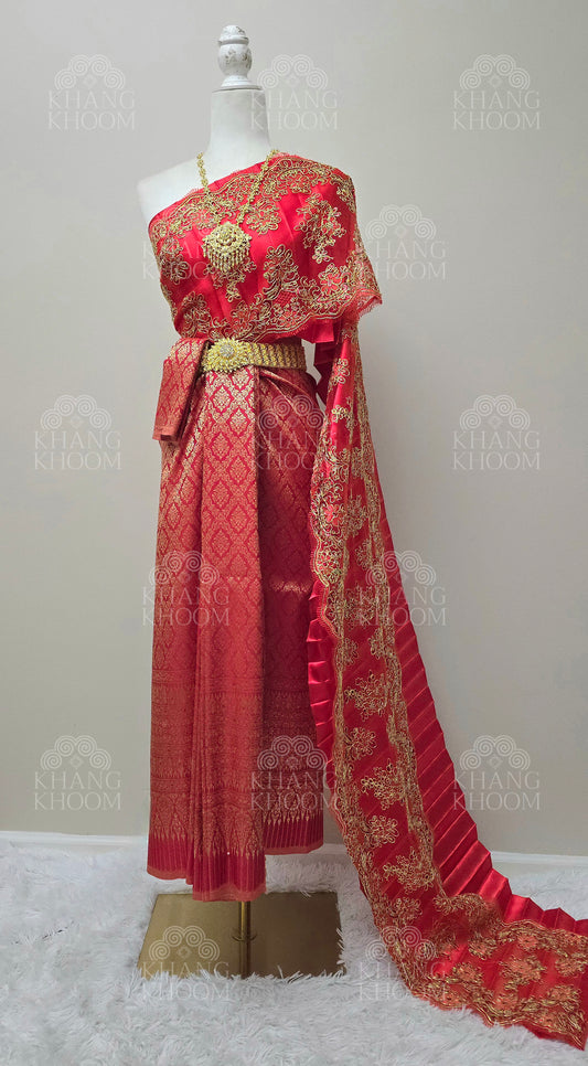 Red Thai Traditional Wrap Skirt & Layered Sabai Set