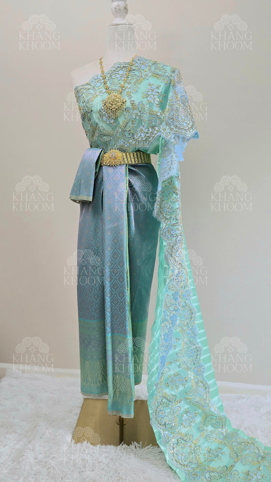 Aqua Turquoise Thai Traditional Wrap Skirt & Layered Sabai Set