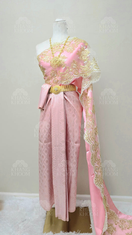Pink Thai Traditional Wrap Skirt & Layered Sabai Set