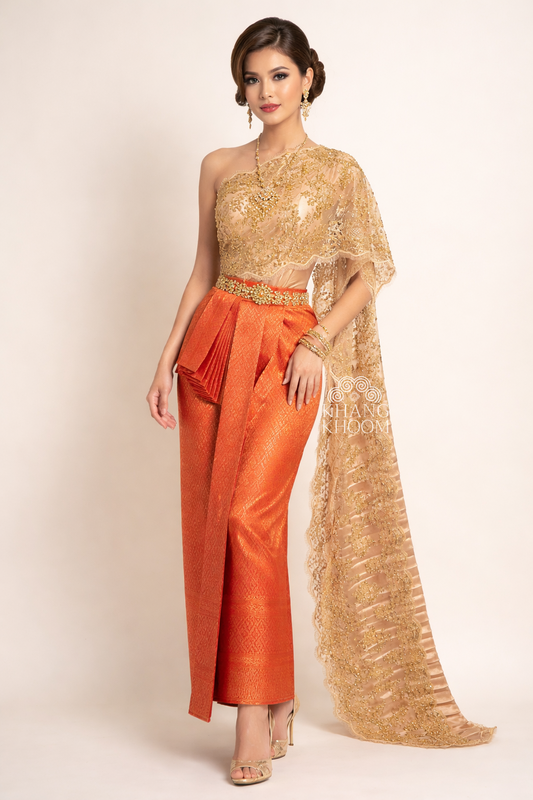 Orange and Gold Thai Women Skirt Set