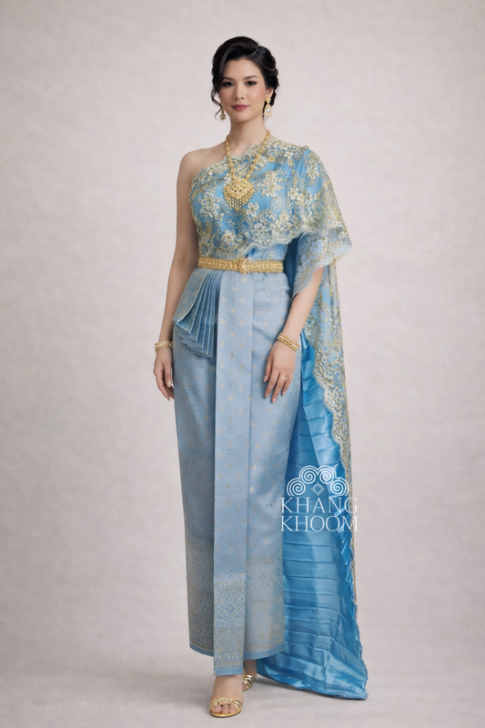 Light Blue and Gold Thai Women Skirt Set
