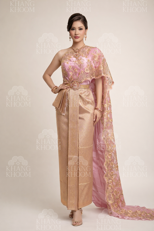 Pink and Gold Thai Women Skirt Set